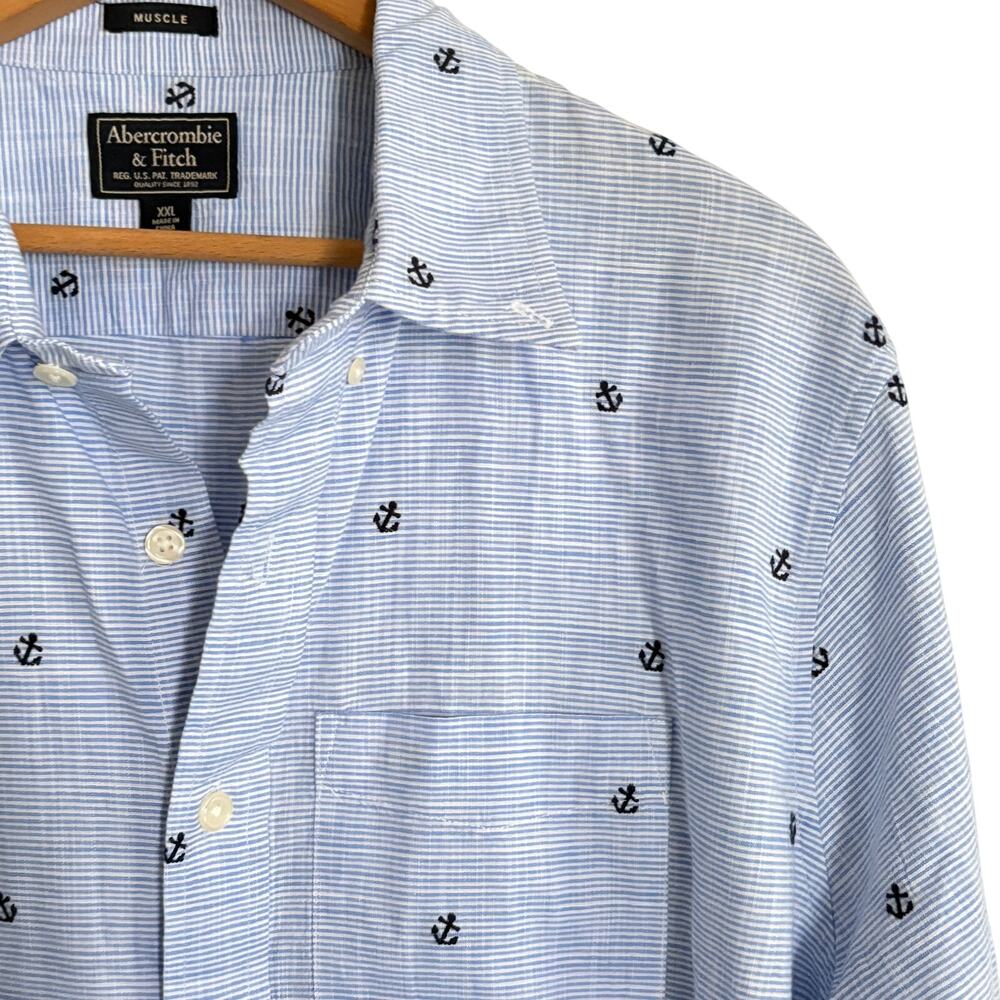 Abercrombie & Fitch Mens Anchor Button Down Shirt XXL Blue White Stripe Coastal